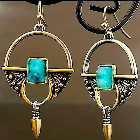 Turquoise Stone Boho Dangle Earrings - Picture 1 of 6